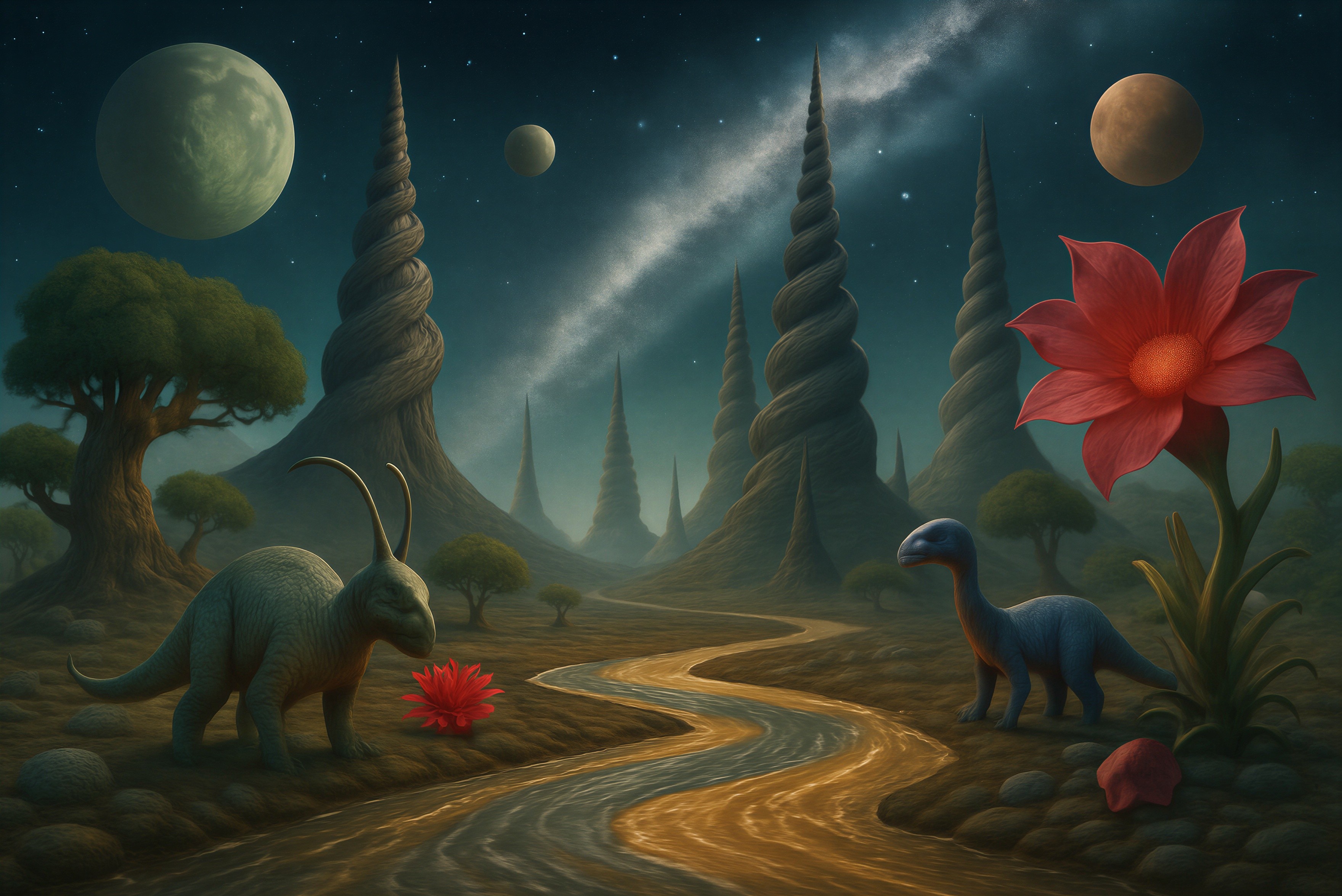 Nighttime Fantasy Landscape with Dinosaurs and Planets