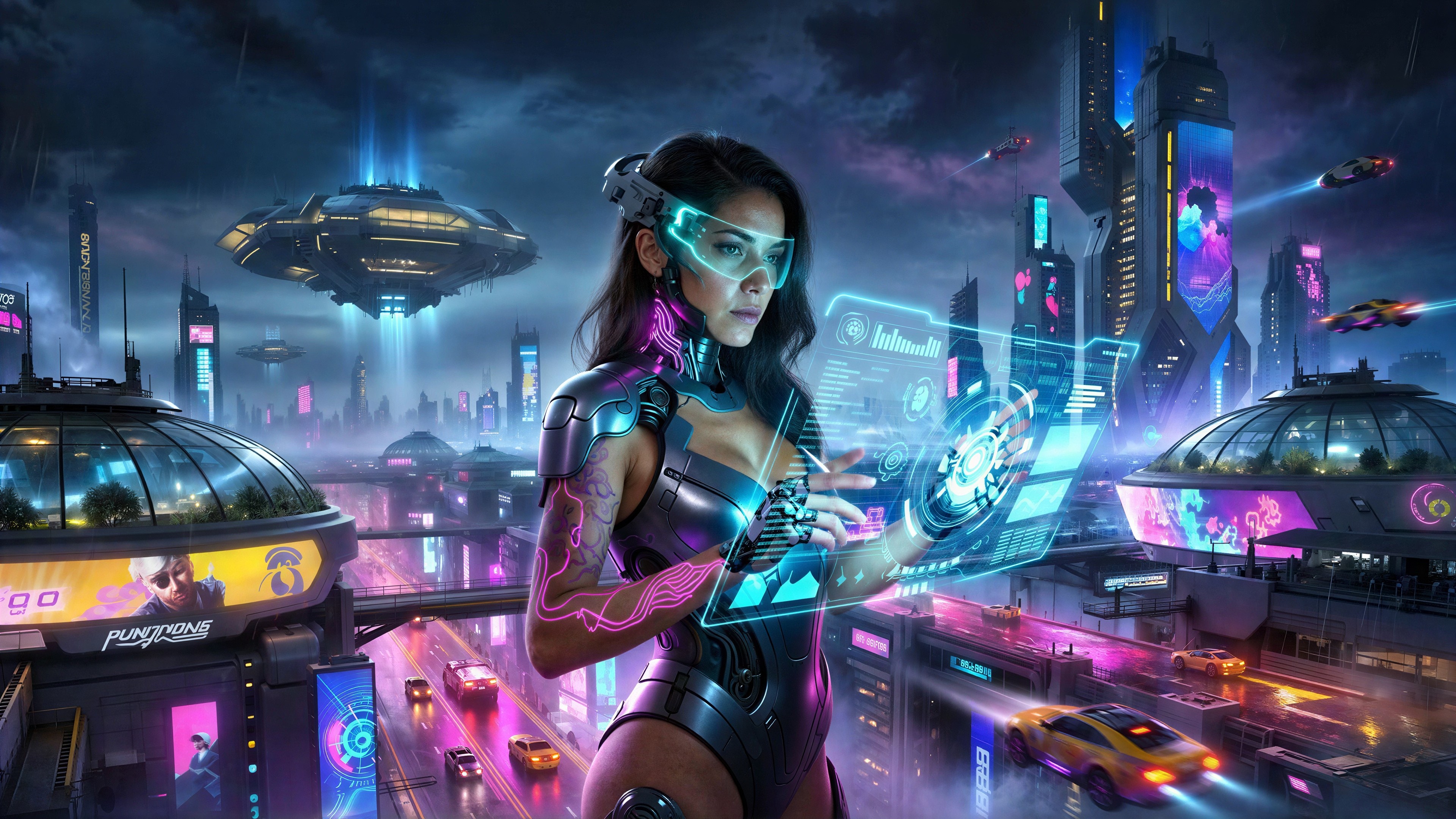 Cyberpunk Cityscape with Holographic Interfaces at Night