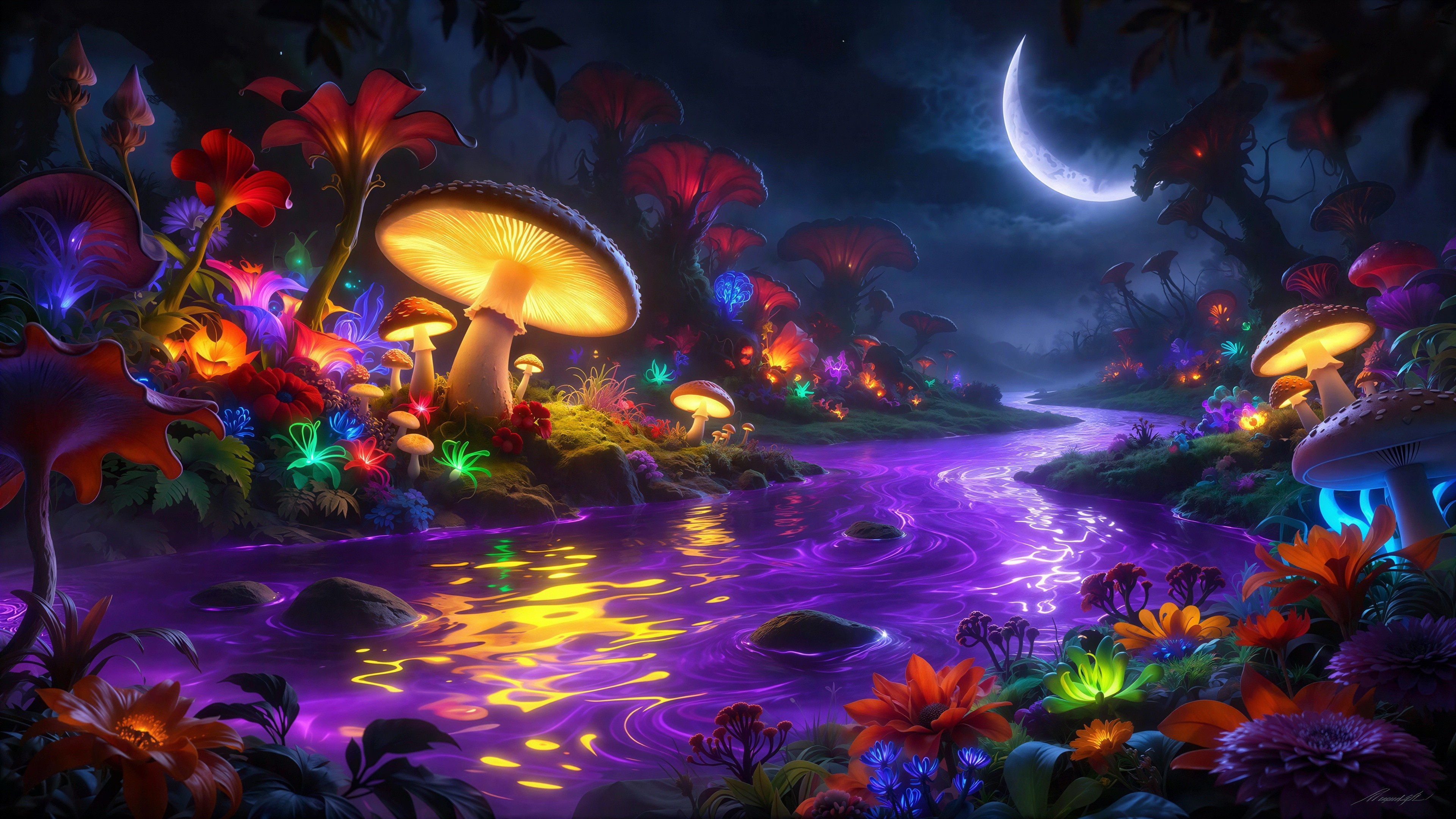 Whimsical Nighttime Forest with Glowing River and Flora