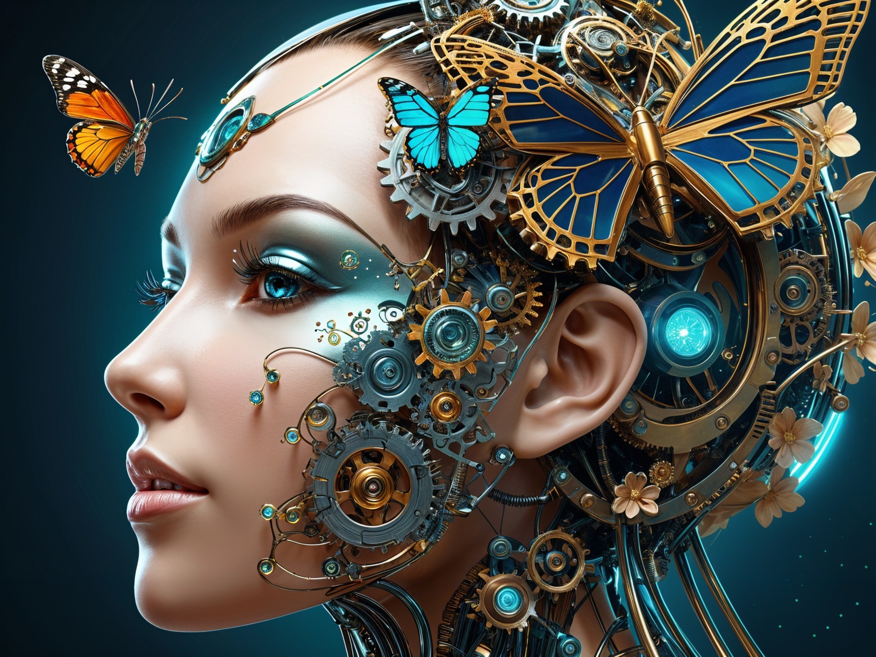 Futuristic Female Figure with Mechanical Elements and Butterflies