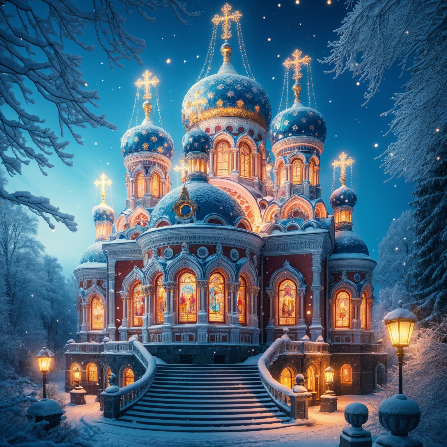 Majestic Church in Snowy Landscape with Stained Glass