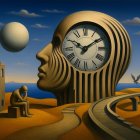 Surreal Landscape with Giant Head and Clock Symbolism