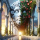 Surreal colonnade with split face and glowing horizon