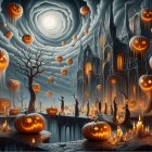 Eerie Landscape with Illuminated Pumpkins and Gothic Cathedral
