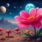 Surreal Landscape with Giant Pink Flower and Moons