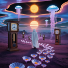 Surreal Landscape with Cloaked Figure and Vibrant Elements