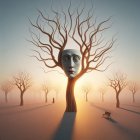 Surreal Landscape with Expressive Head and Bare Trees