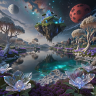 Alien Fantasy Landscape with Floating Island and Crystals