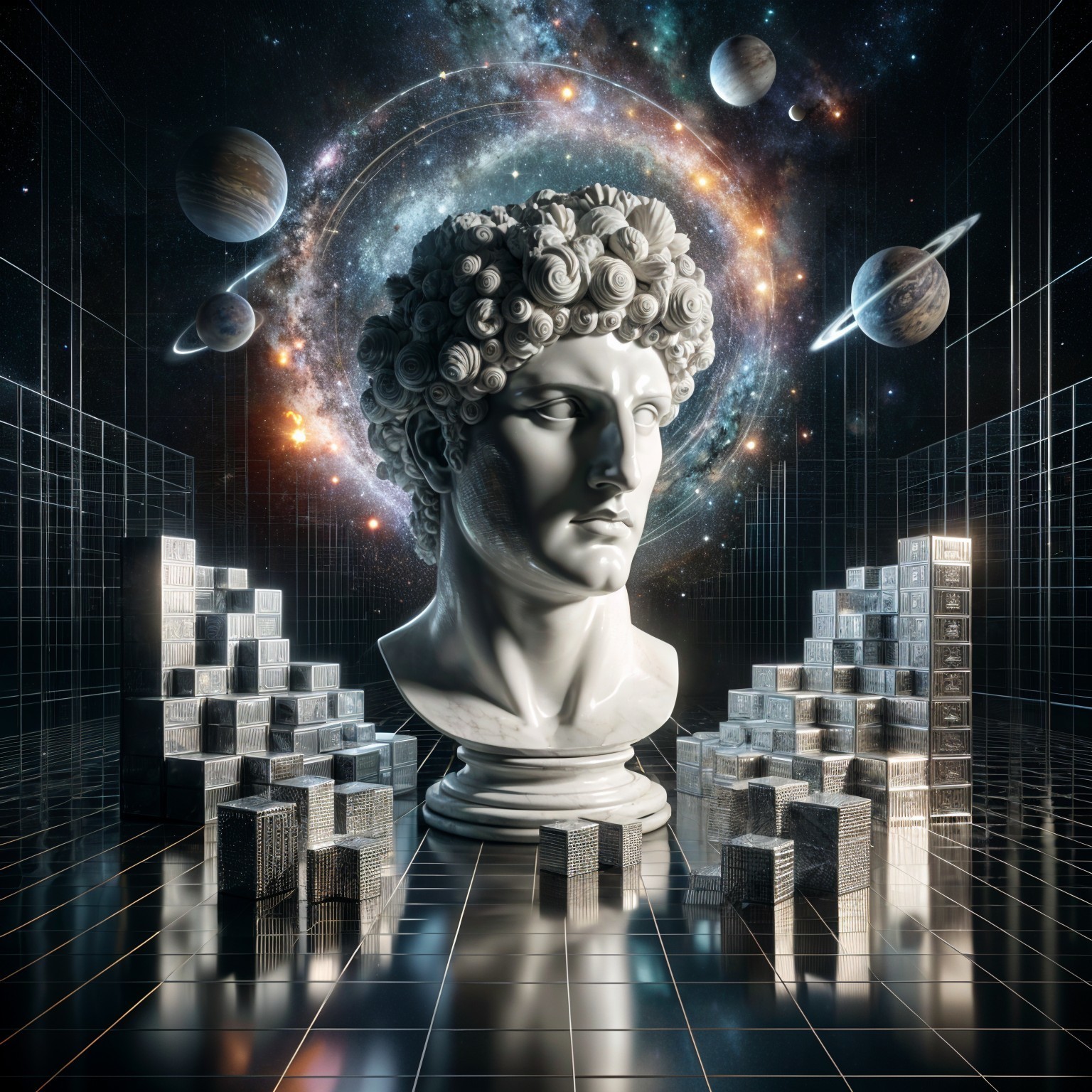 Marble Bust in Cosmic Setting with Futuristic Elements