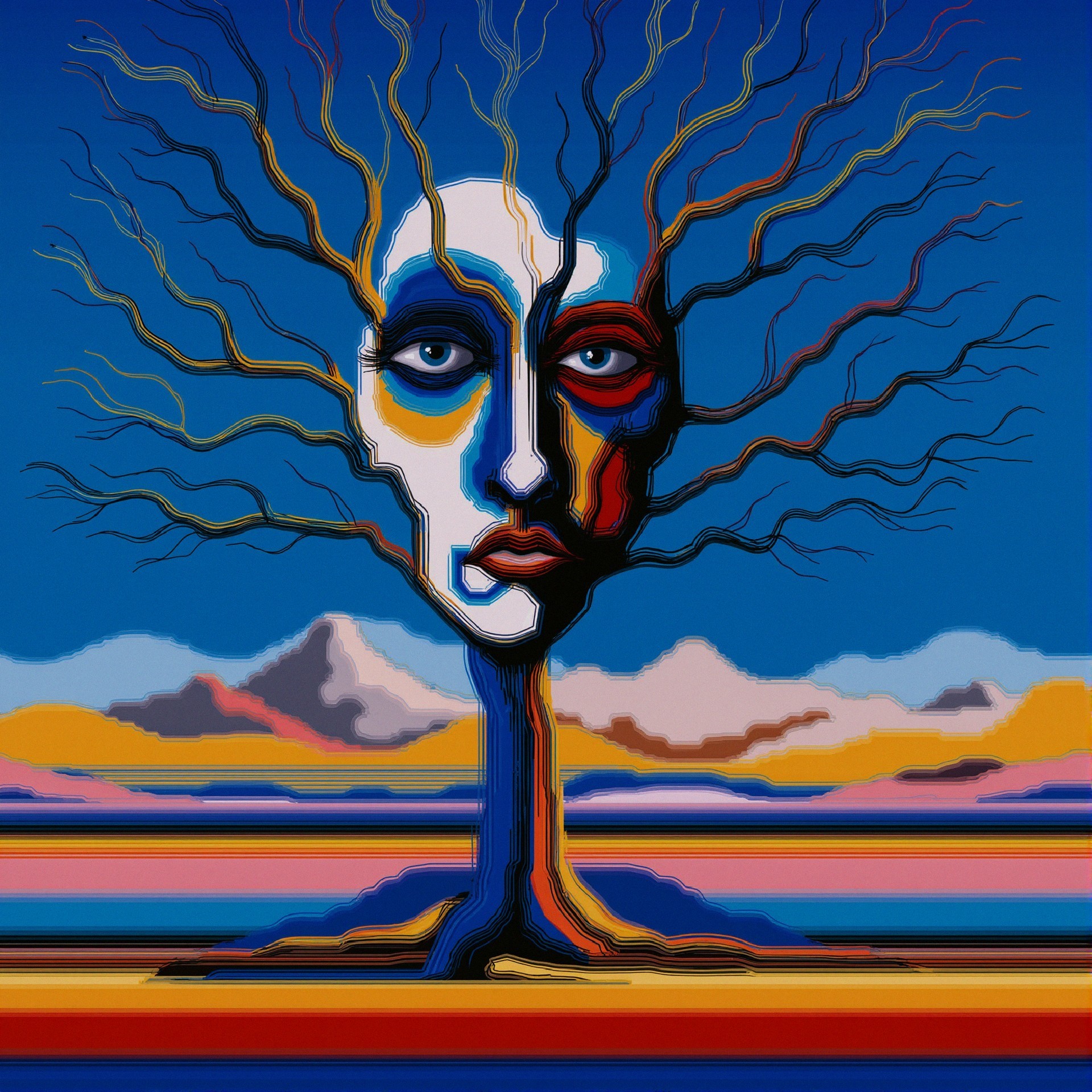 Surreal Tree Face with Colorful Landscape Background