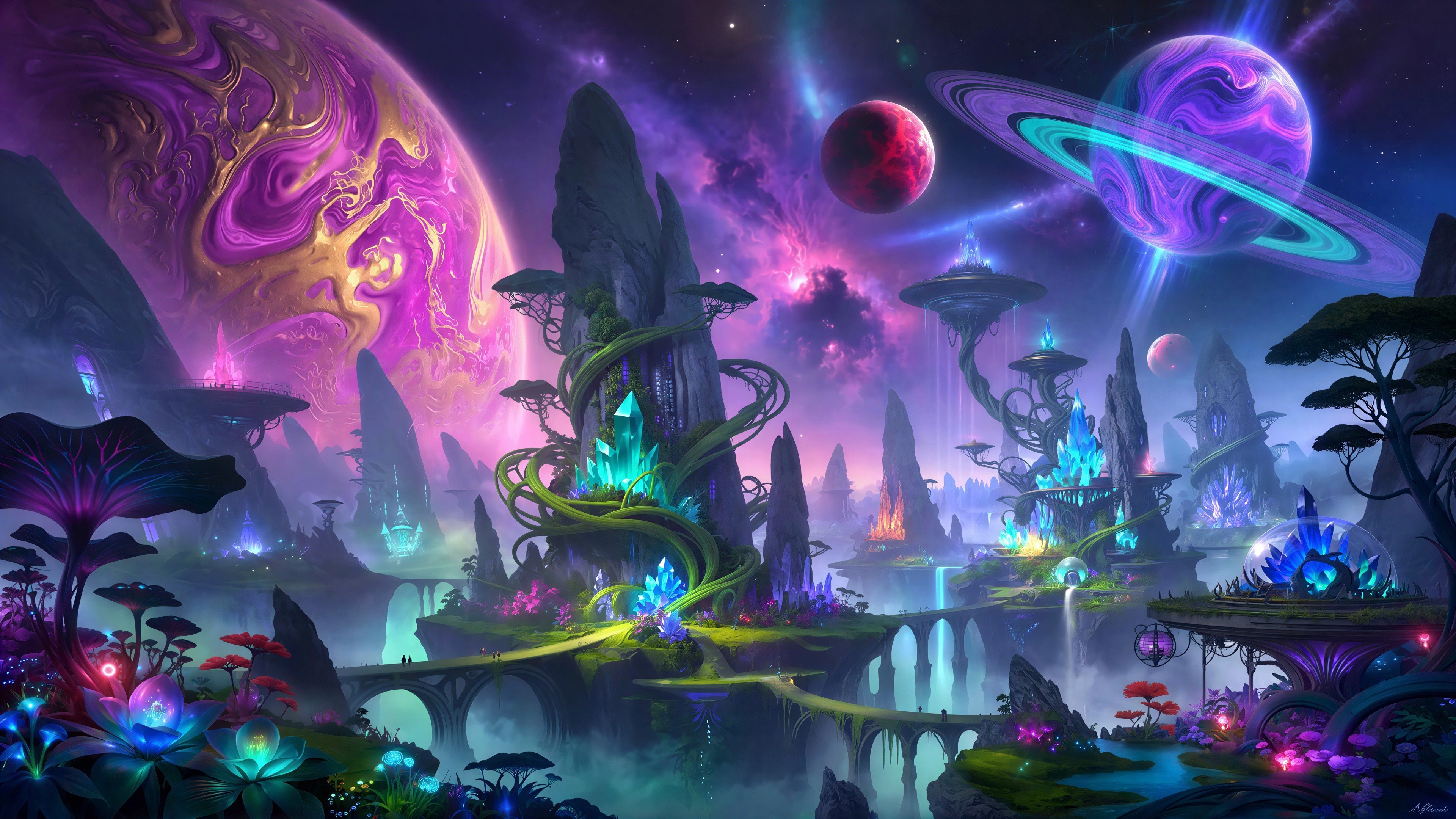 Intricate Nighttime Fantastical Landscape with Celestial Bodies