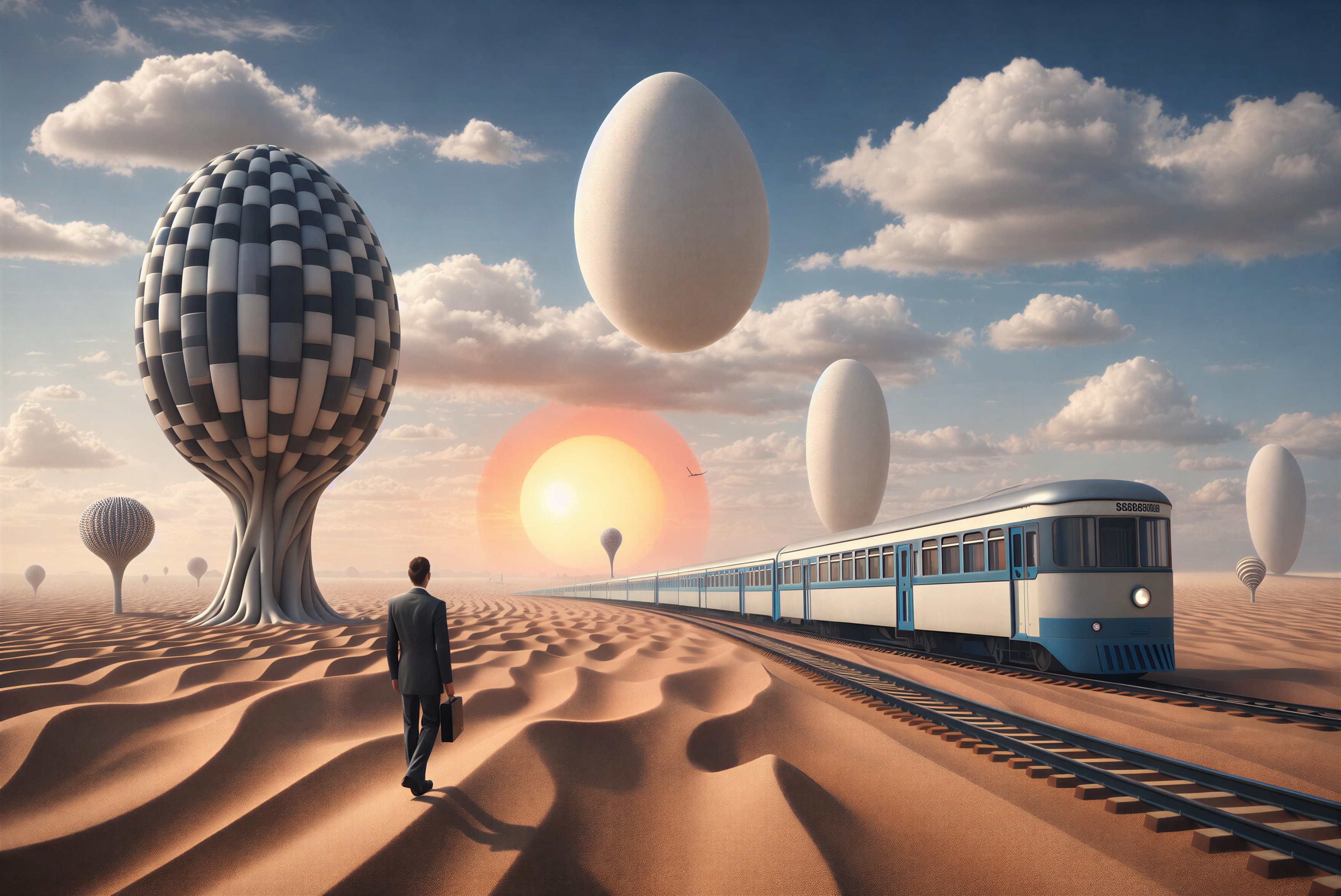 Desert Landscape with Businessman and Floating Eggs
