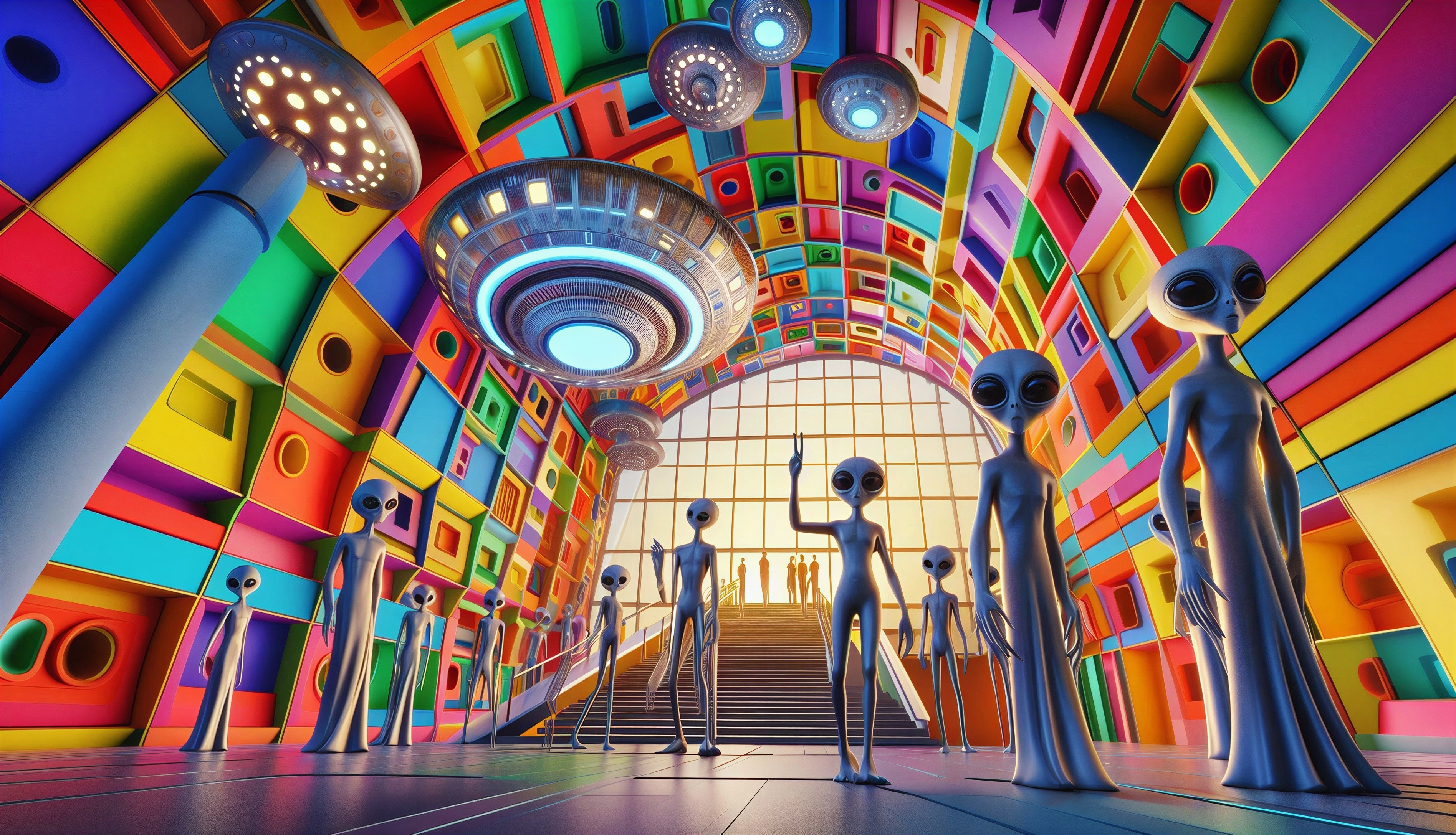 Vibrant Interior with Geometric Patterns and Aliens
