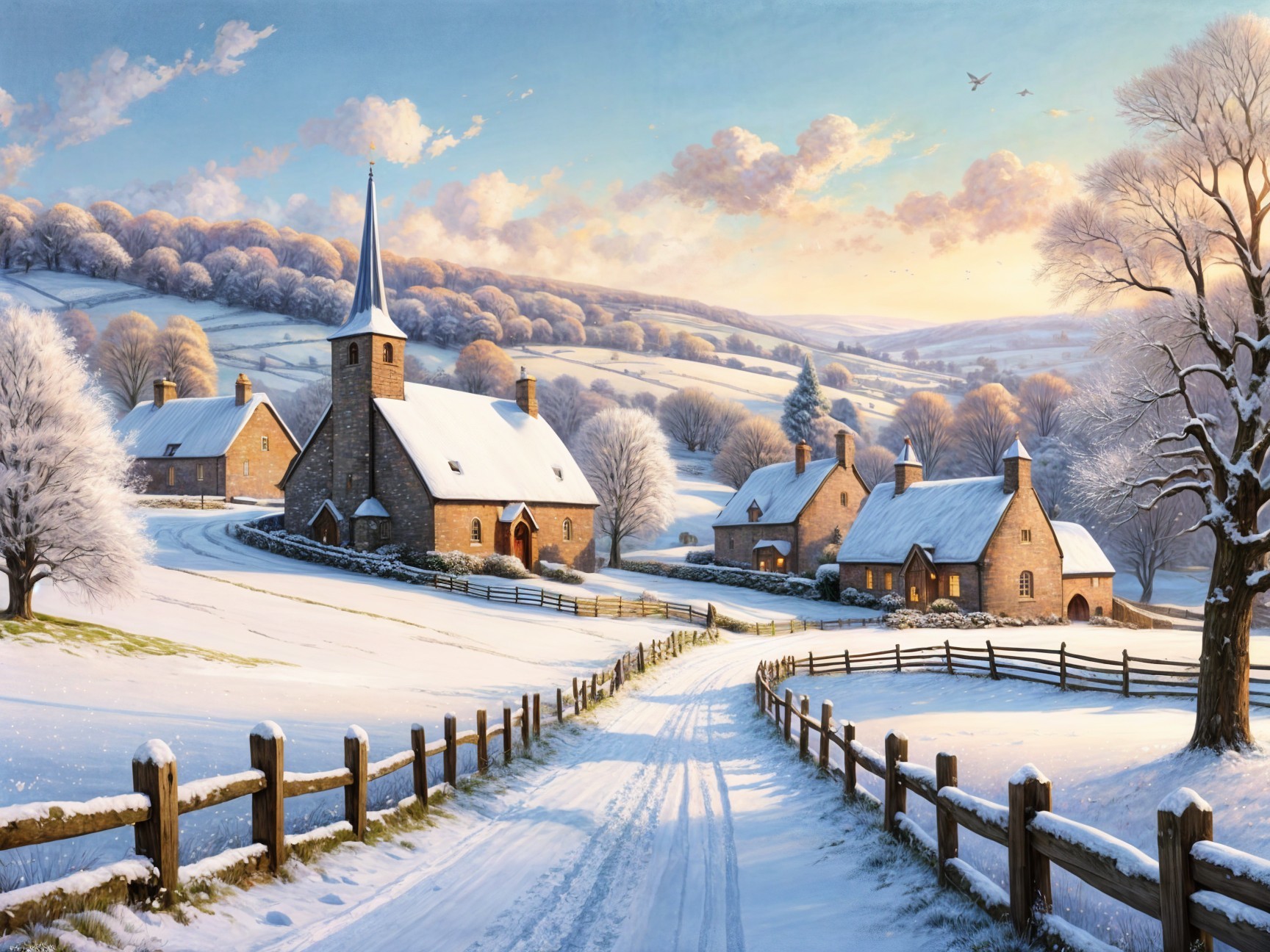 Winter Village Scene with Snowy Cottages and Hills