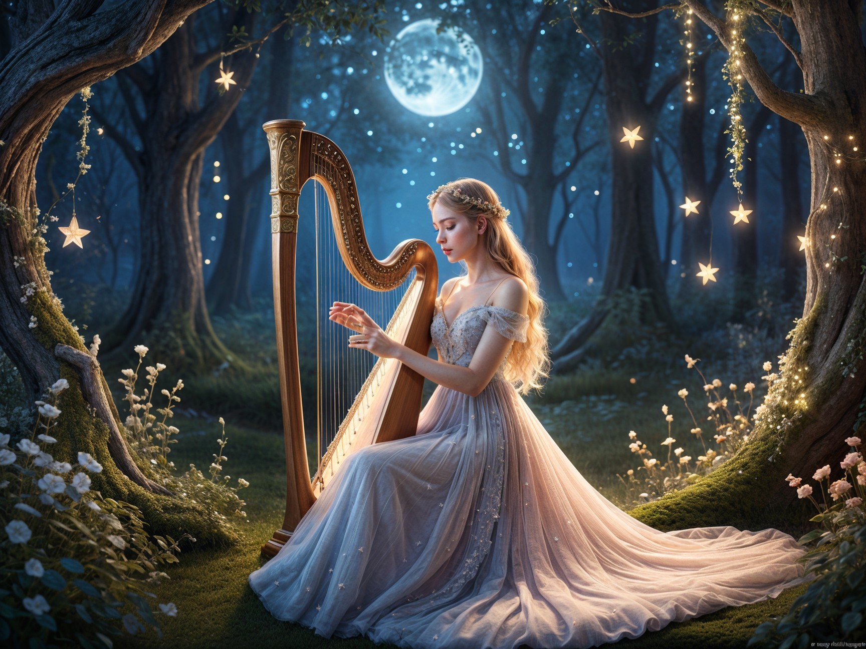 Moonlit Forest Scene with Harp and Ethereal Beauty