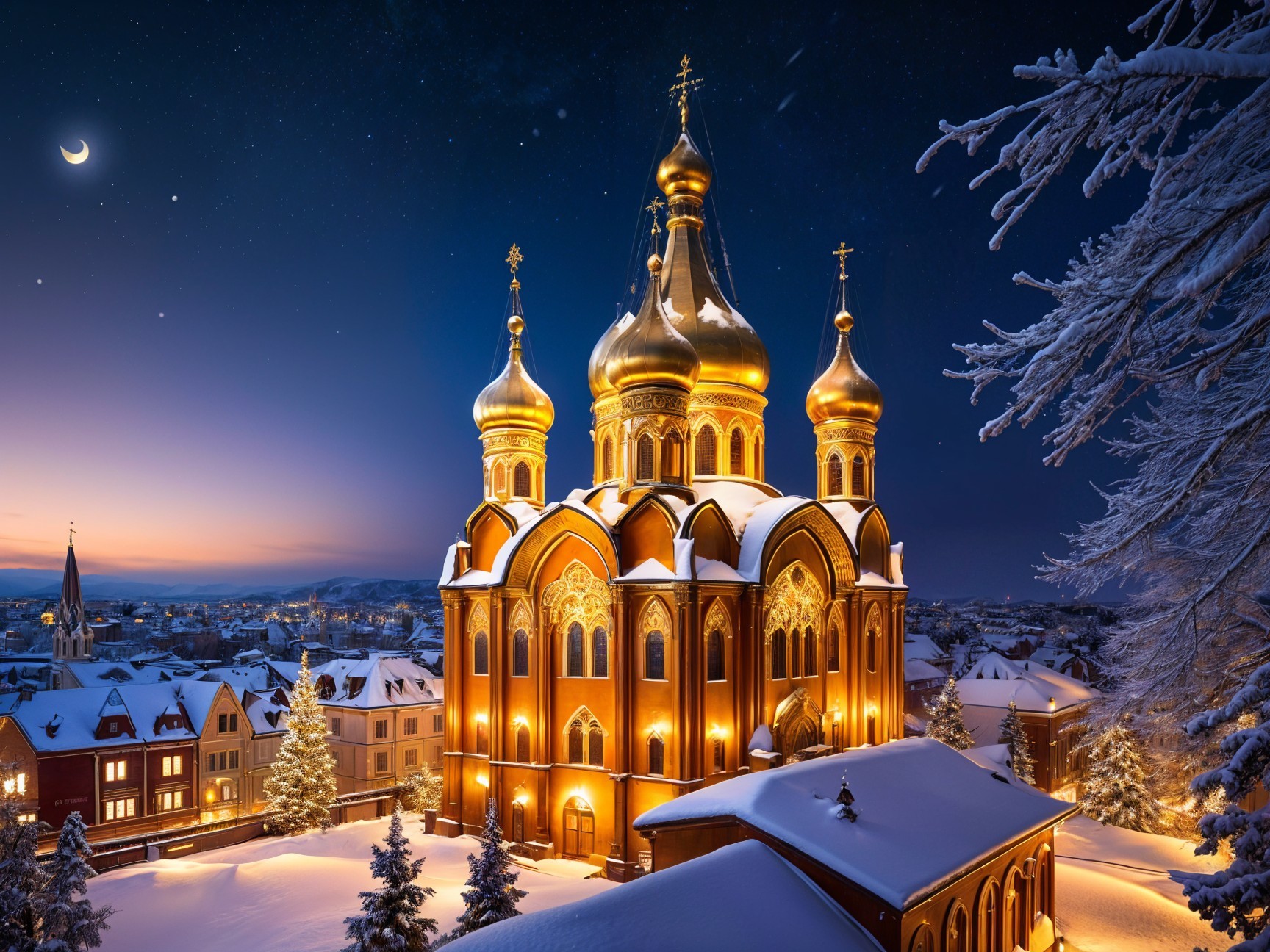 Church with Golden Domes in Winter Twilight Scene