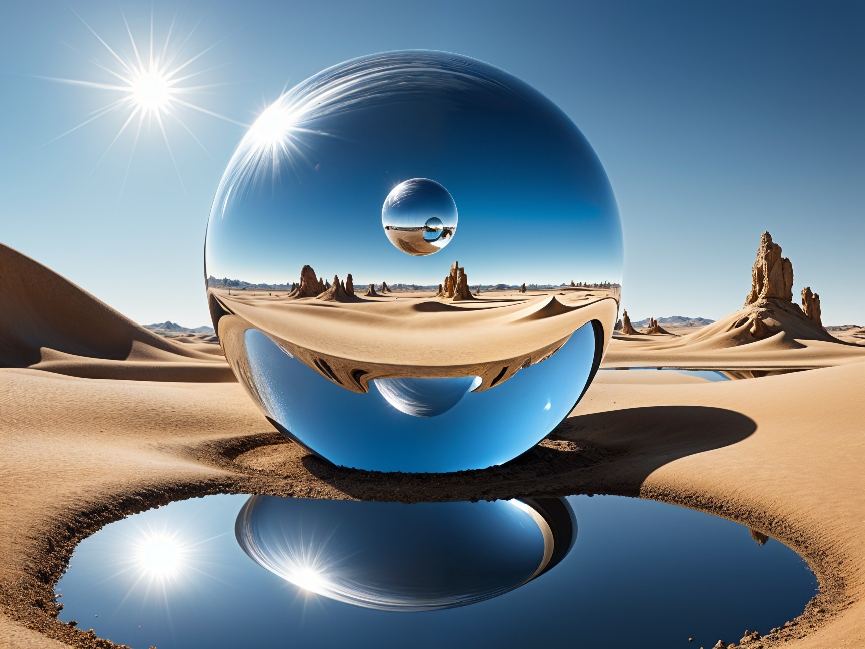Reflective Sphere Over Tranquil Desert Pool Scene
