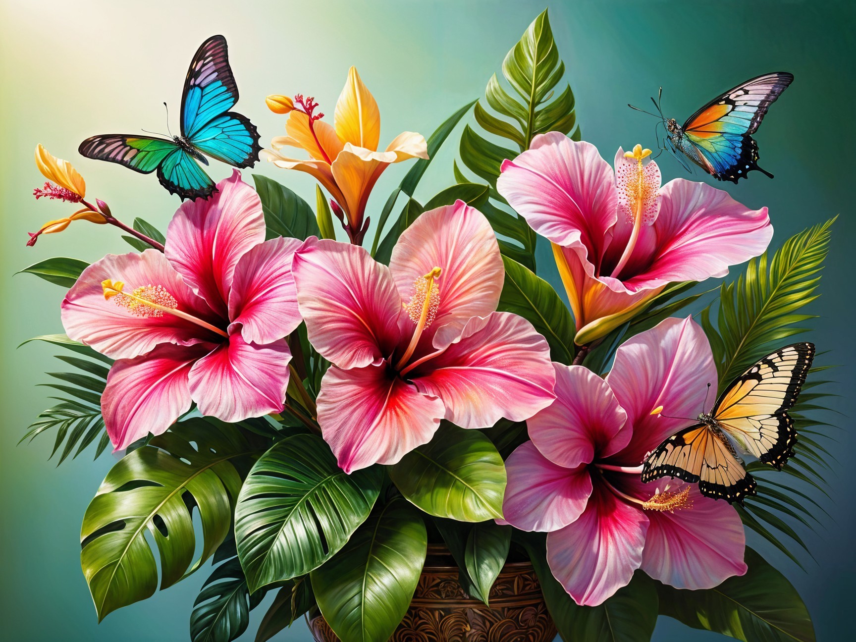 Vibrant Pink Hibiscus Flowers with Butterflies and Leaves
