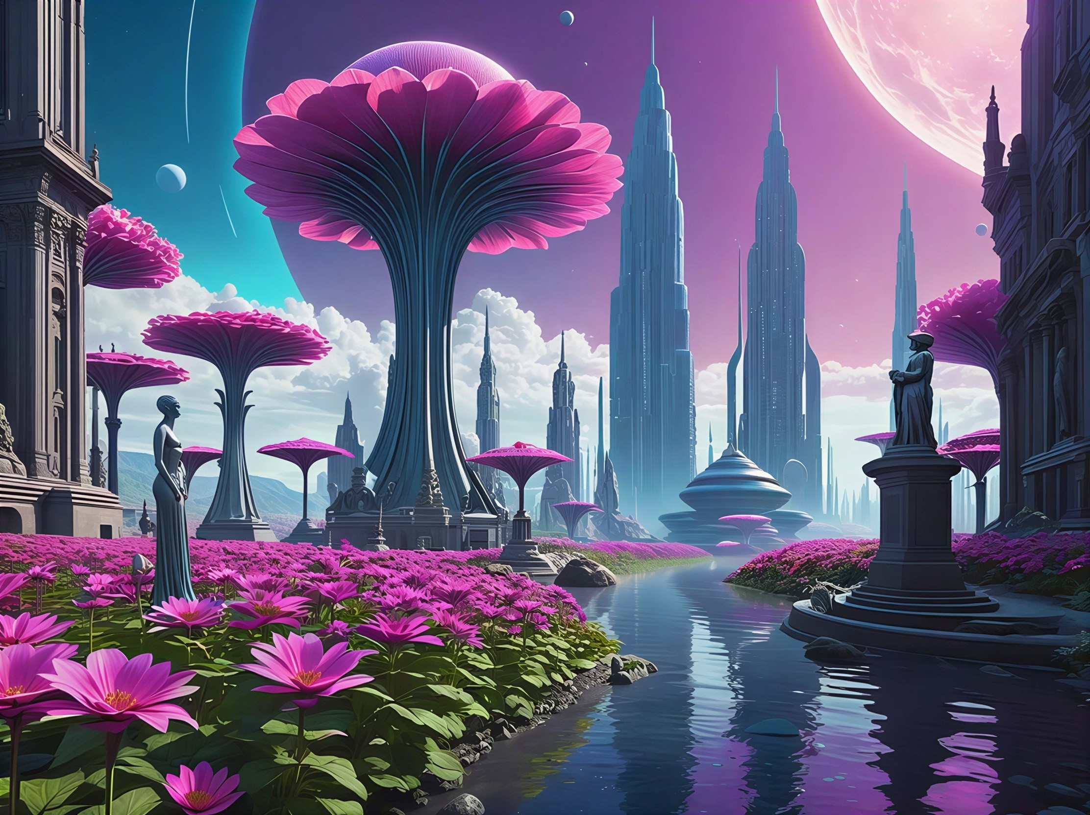 Alien Landscape with Modern Structures and Pink Moon