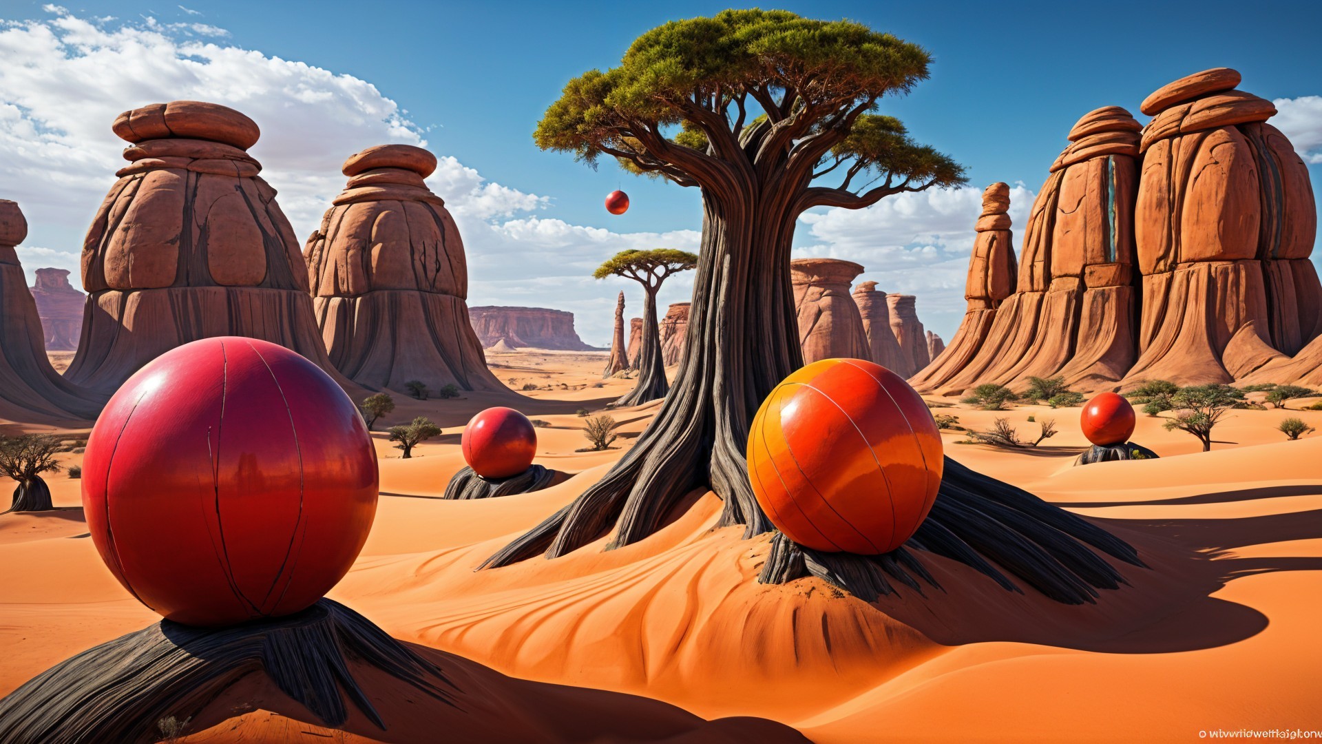 Surreal Landscape with Sandstone Formations and Tree