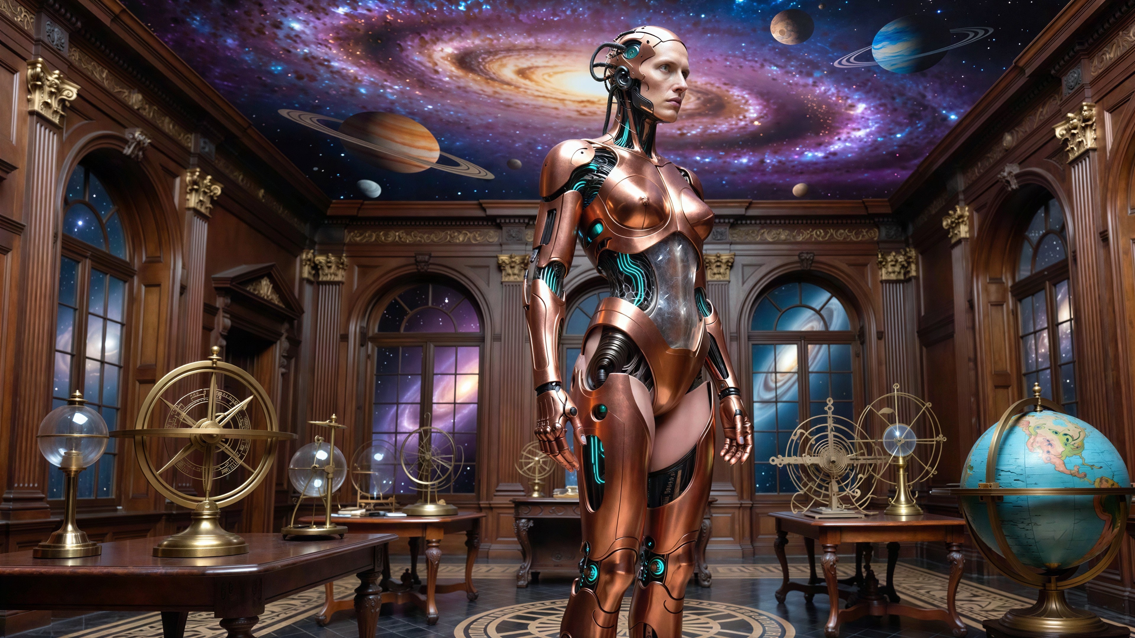 Humanoid Robot in Ornate Room with Cosmic View