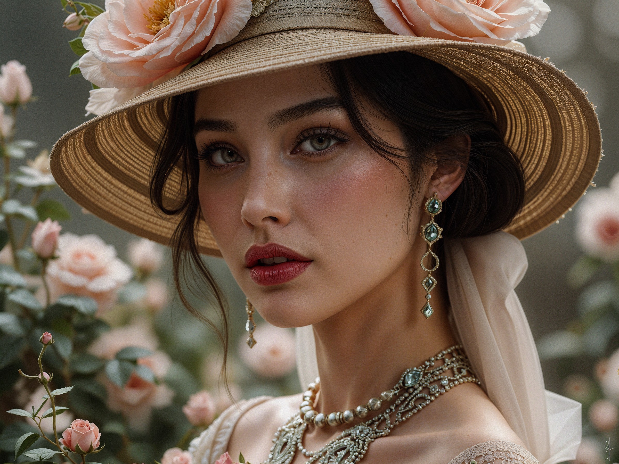 Elegant Woman in Straw Hat Surrounded by Roses