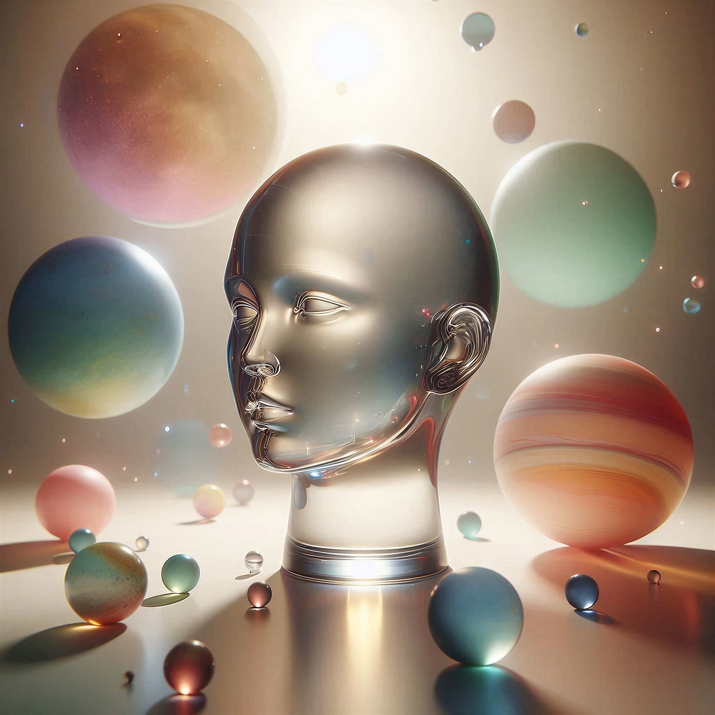 Sculpted Head Surrounded by Colorful Celestial Spheres