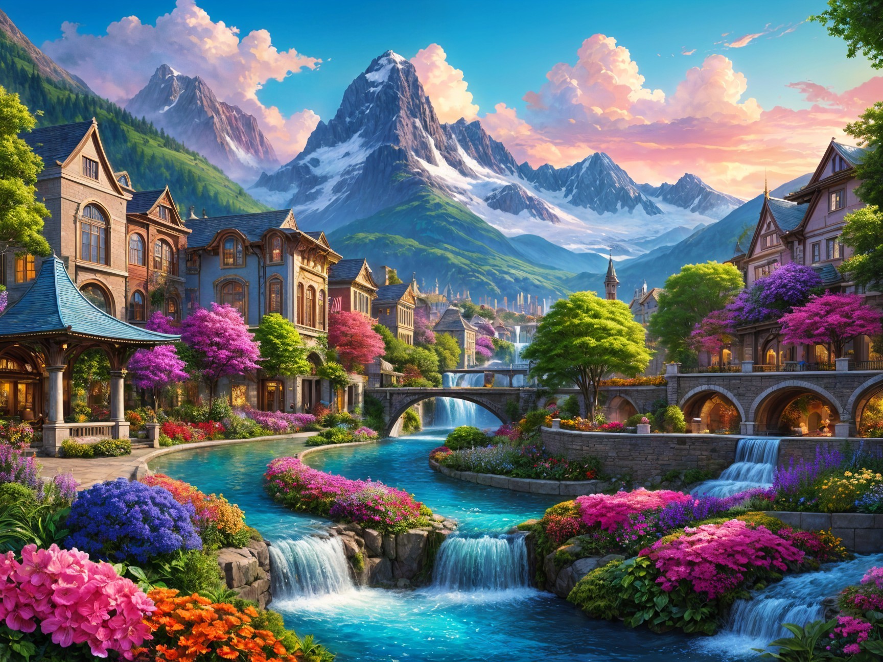 Charming Village Landscape with Mountains and Waterfalls