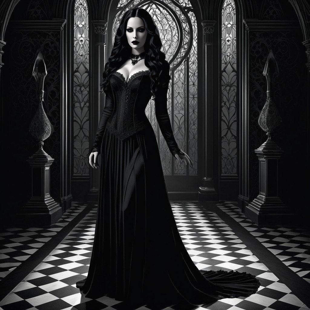 Mysterious Figure in Gothic Setting with Elegant Gown