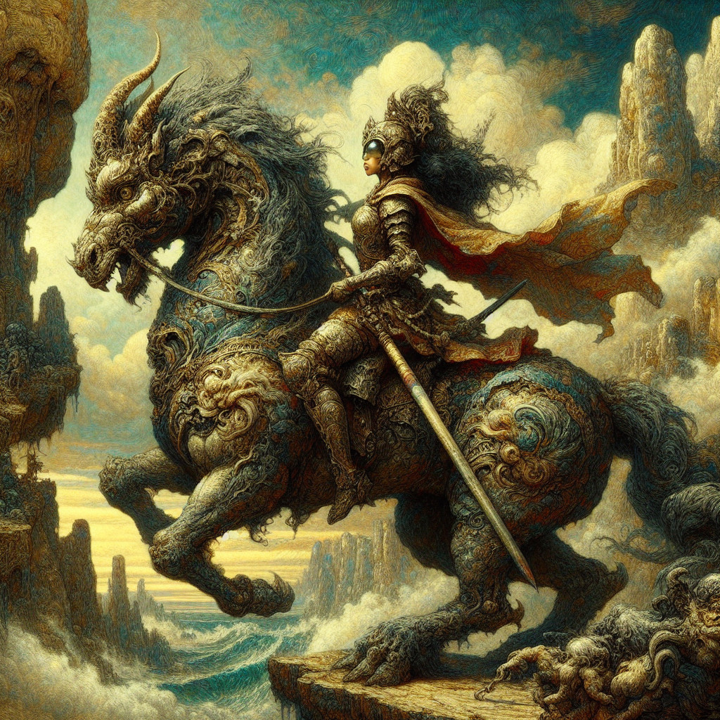 Warrior on Dragon-like Horse Overlooking Turbulent Sea