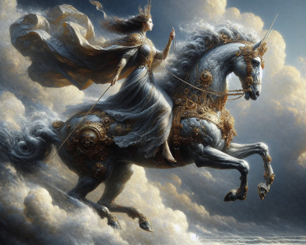 Regal figure riding a silver unicorn through waves