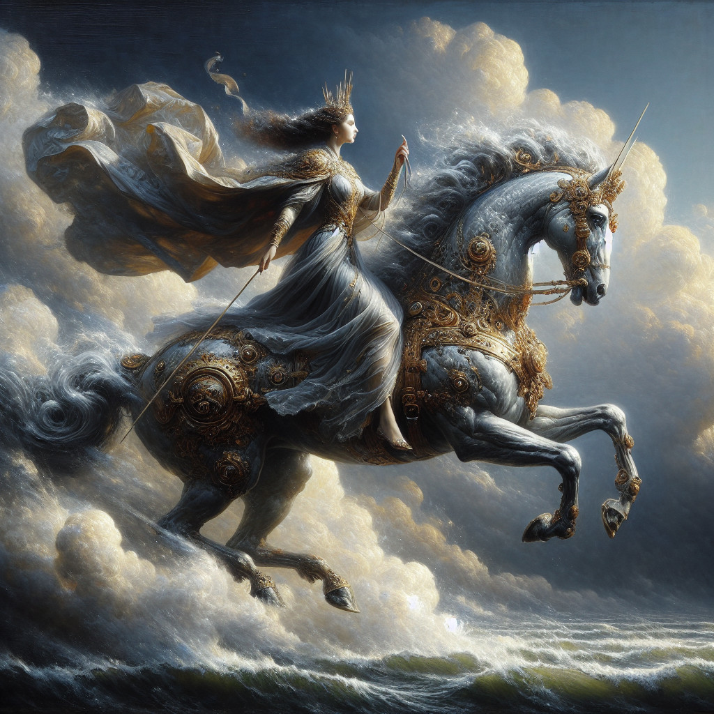 Regal figure riding a silver unicorn through waves