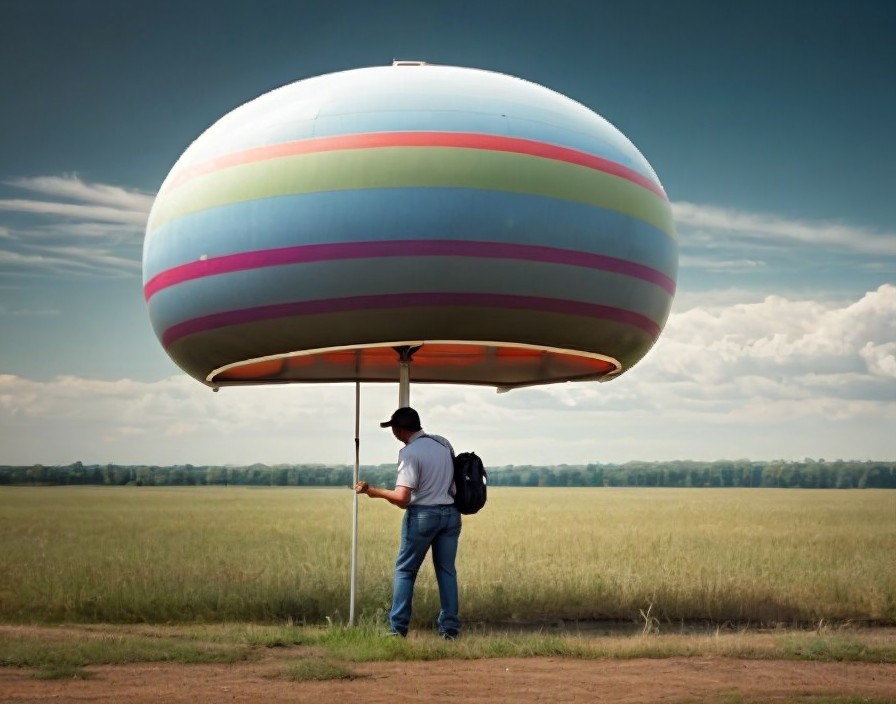 Lone Figure Under Colorful Umbrella in Open Field