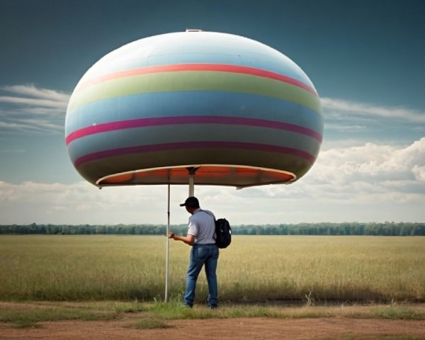 Lone Figure Under Colorful Umbrella in Open Field