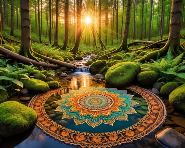 Mandala on Stream in Serene Forest Setting