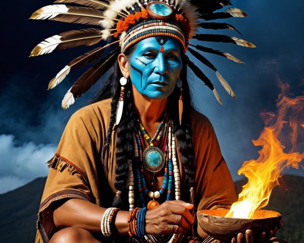 Native American Woman in Traditional Attire and Headdress