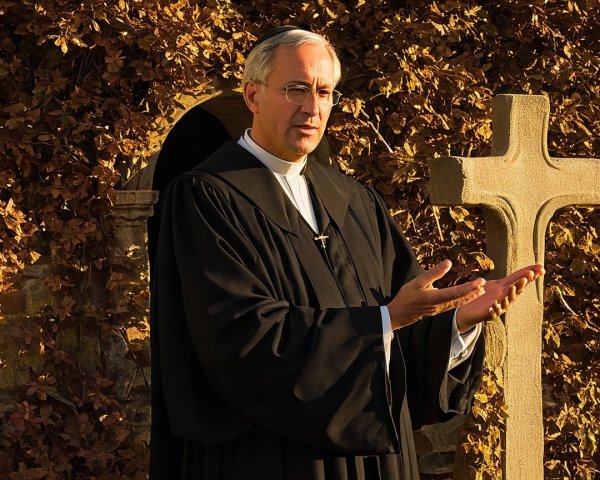 Priest by Stone Cross in Autumn Leaves Setting