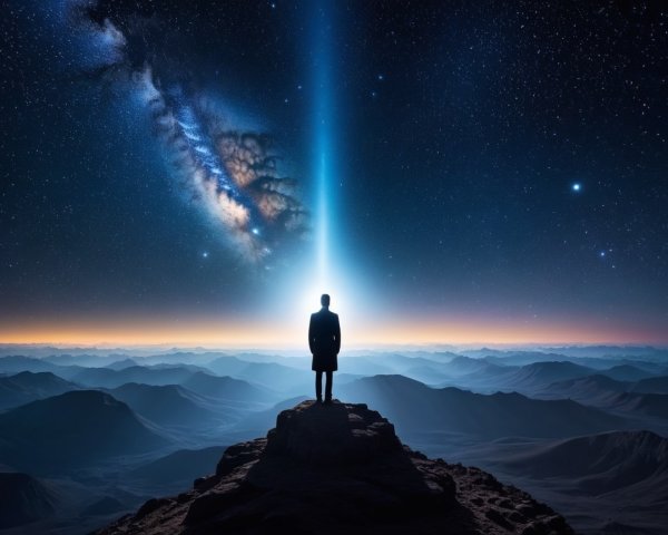 Lone Figure on Mountain Peak Under Starry Cosmos