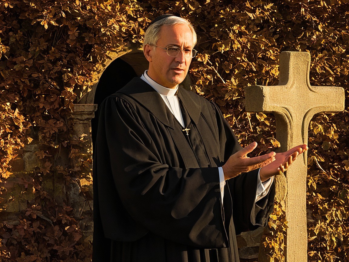 Priest by Stone Cross in Autumn Leaves Setting