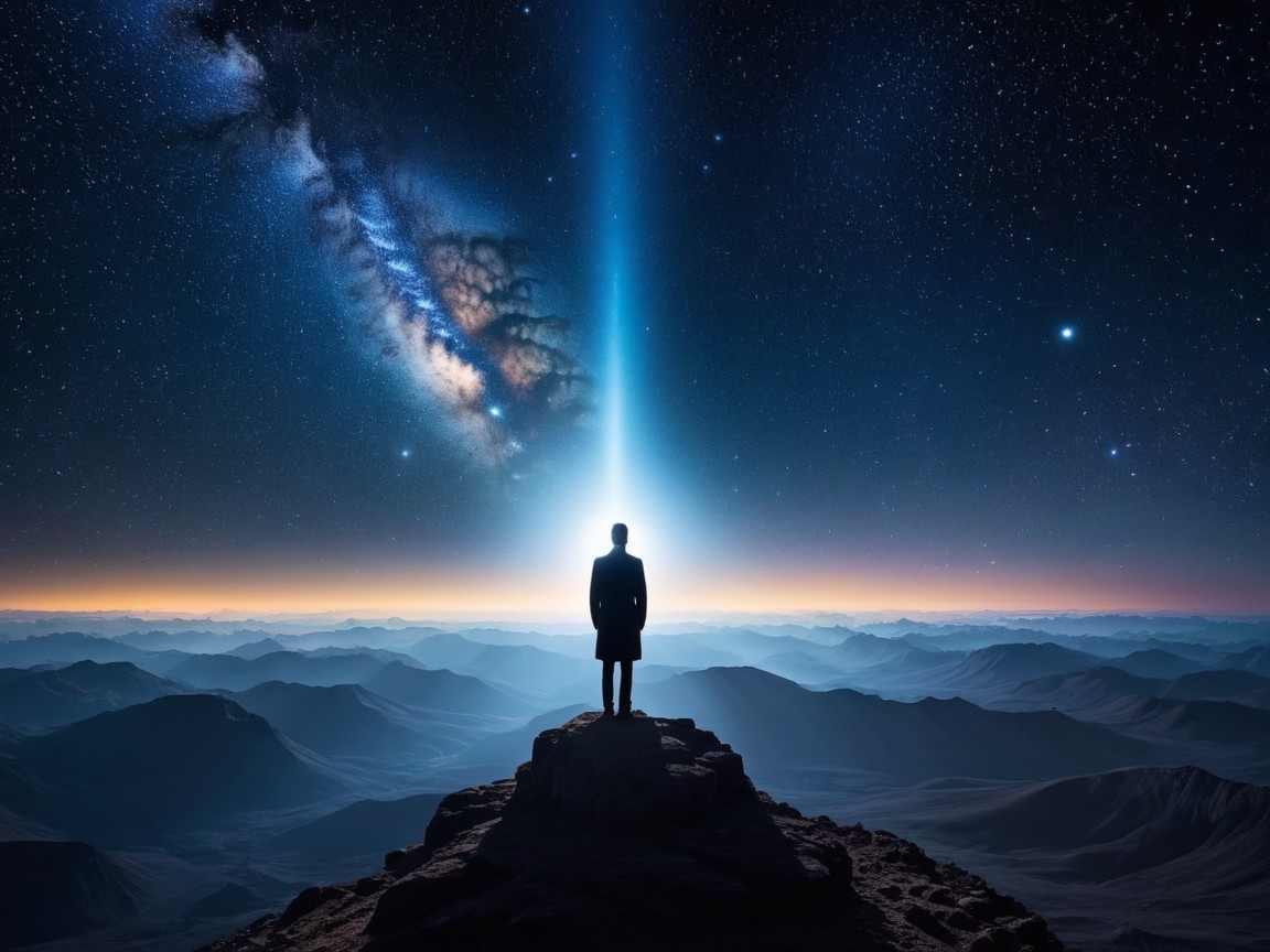 Lone Figure on Mountain Peak Under Starry Cosmos