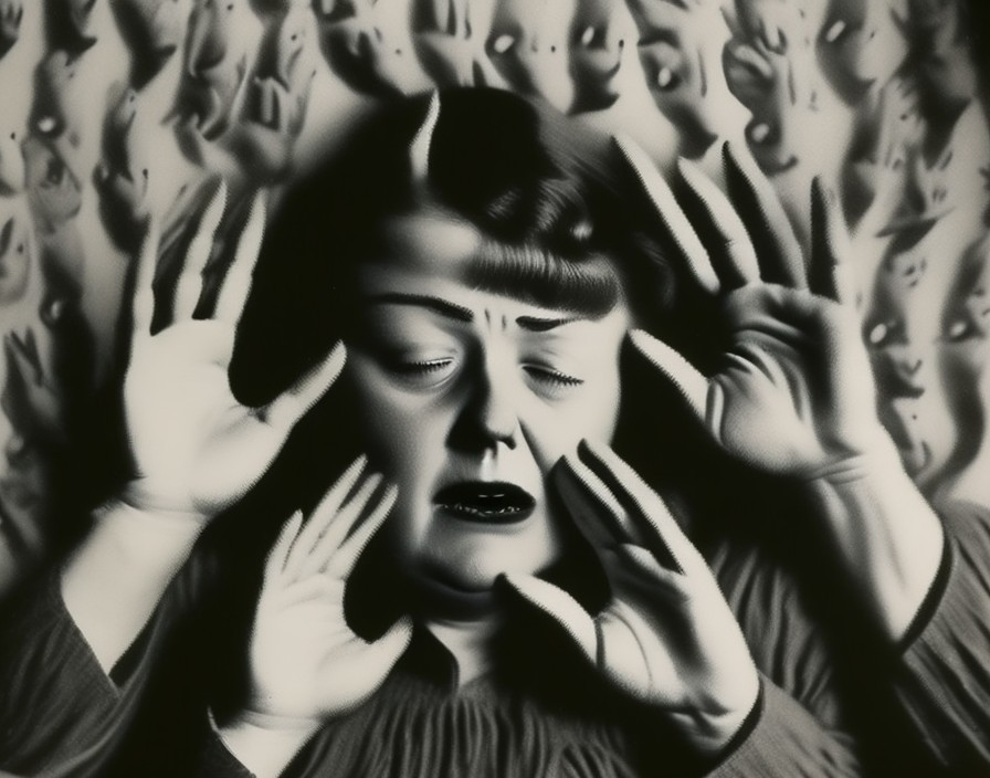 Surreal Artwork of Distressed Woman Surrounded by Hands