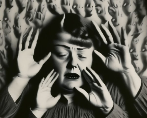 Surreal Artwork of Distressed Woman Surrounded by Hands