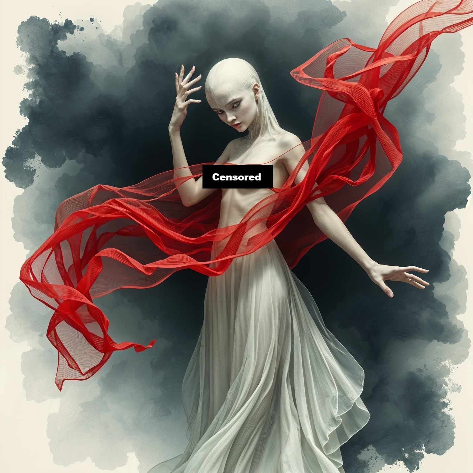 Ethereal Figure in Sheer Fabric with Red Ribbons
