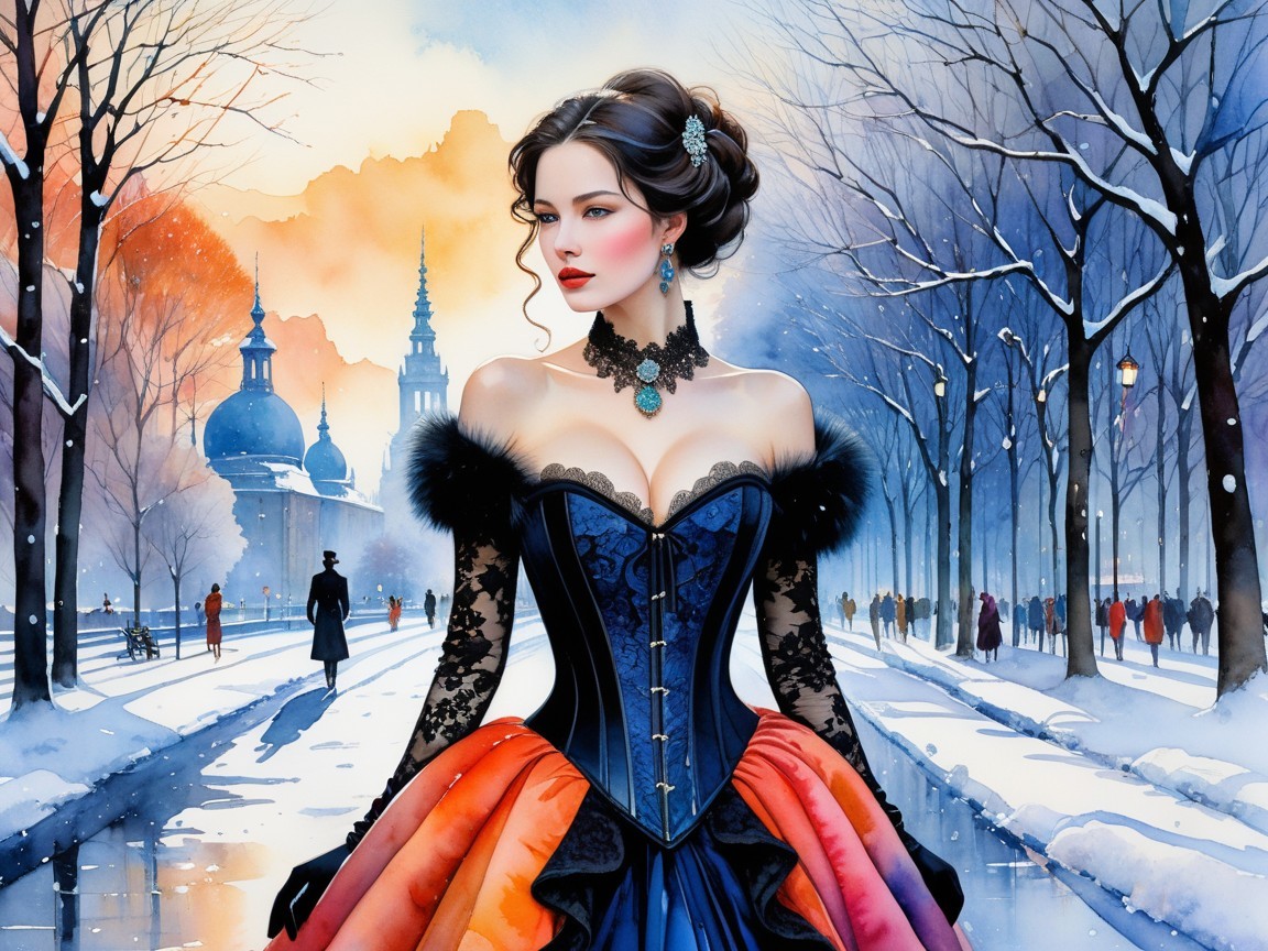 Victorian Gown in Snowy Park with Colorful Sky