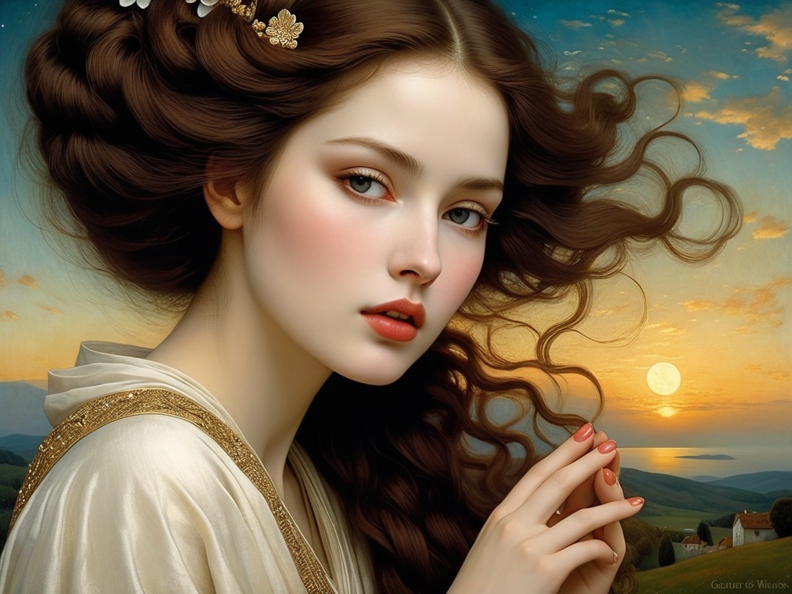 Young woman with floral accents and sunset backdrop