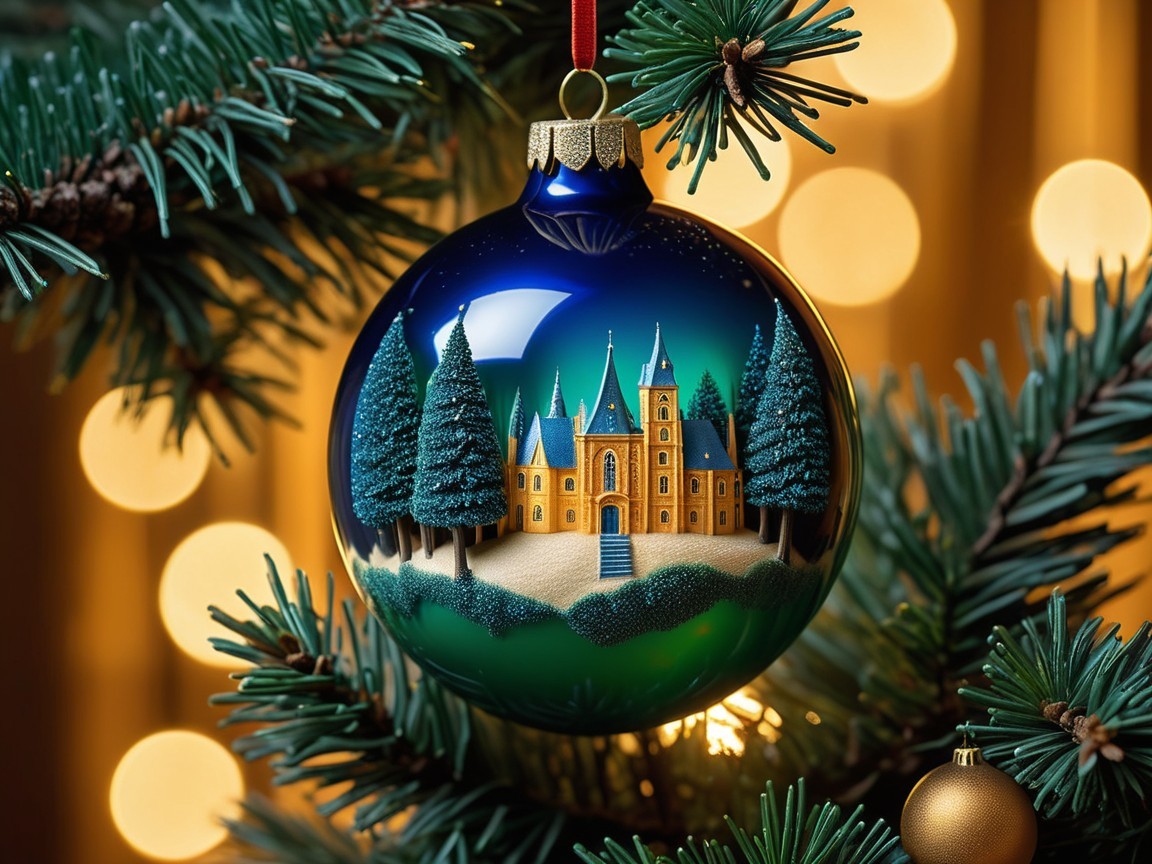 Close-up of a Christmas Ornament with Castle Design