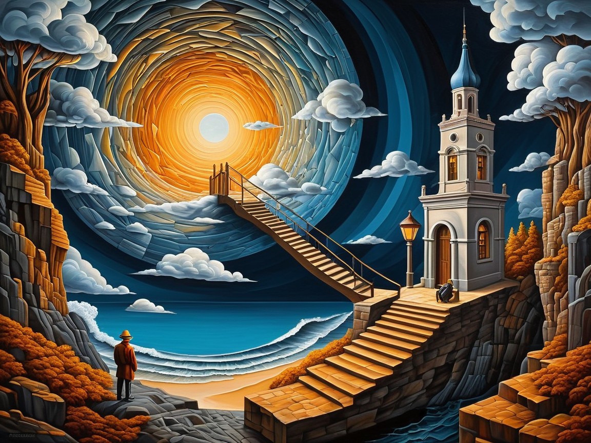 Surreal Landscape with Staircase and Ocean View