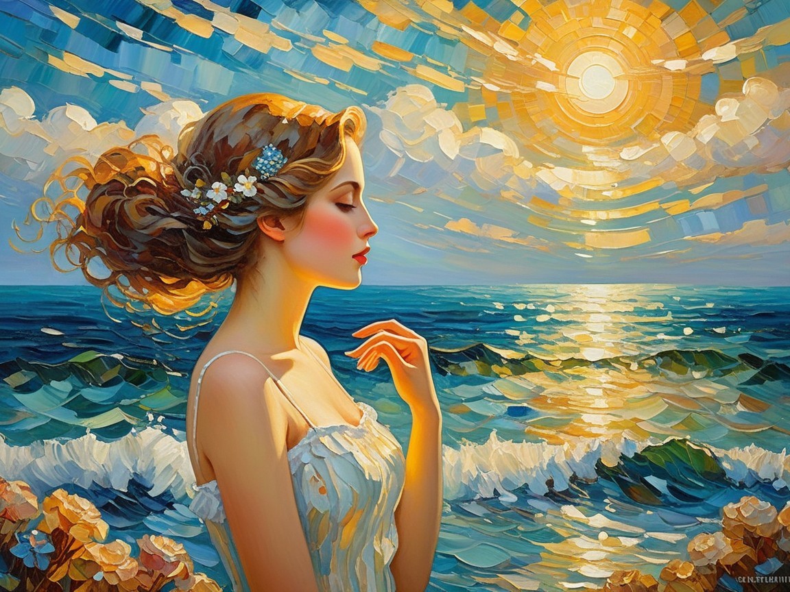 Serene Woman by Ocean with Flowers and Sunset Colors