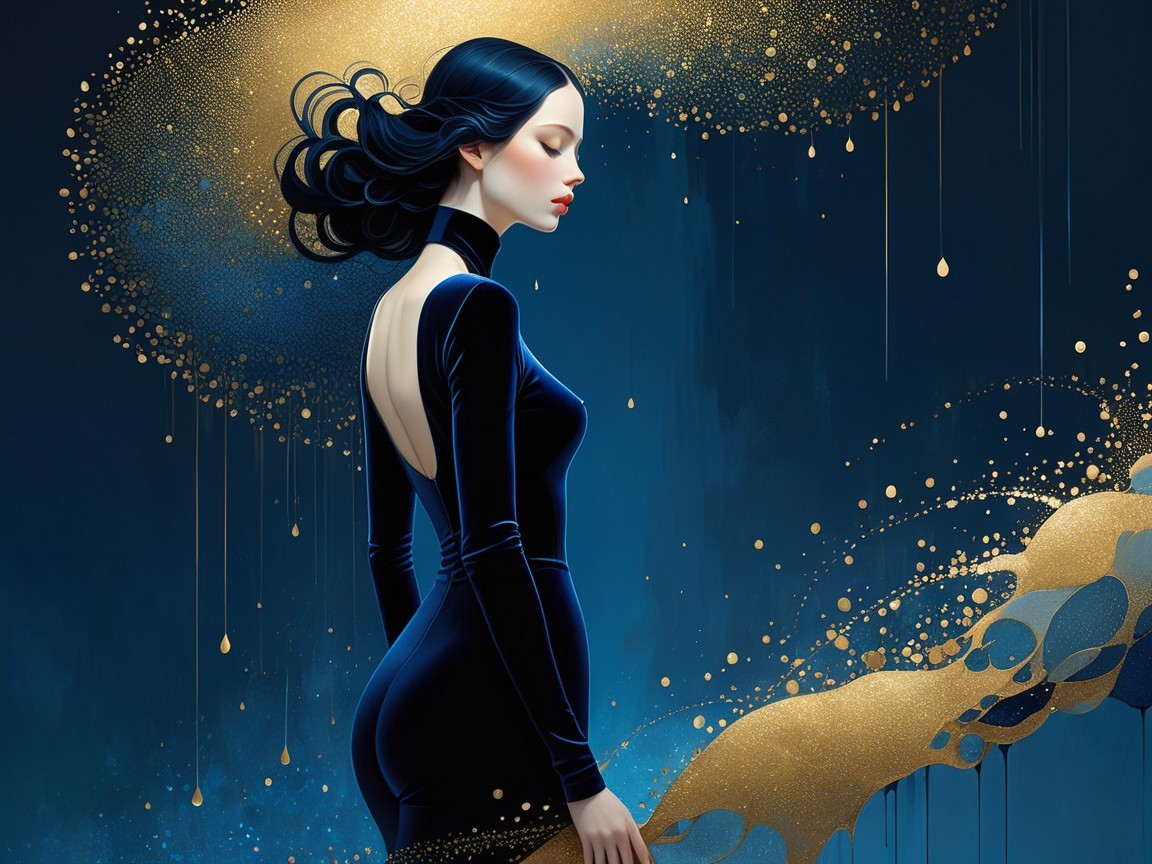 Stylized Woman in Deep Blue Gown Against Dark Background