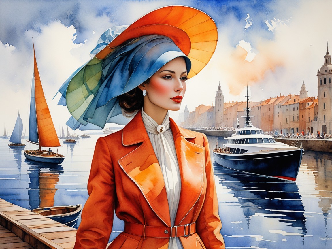 Glamorous Woman by Serene Waterfront with Sailboats